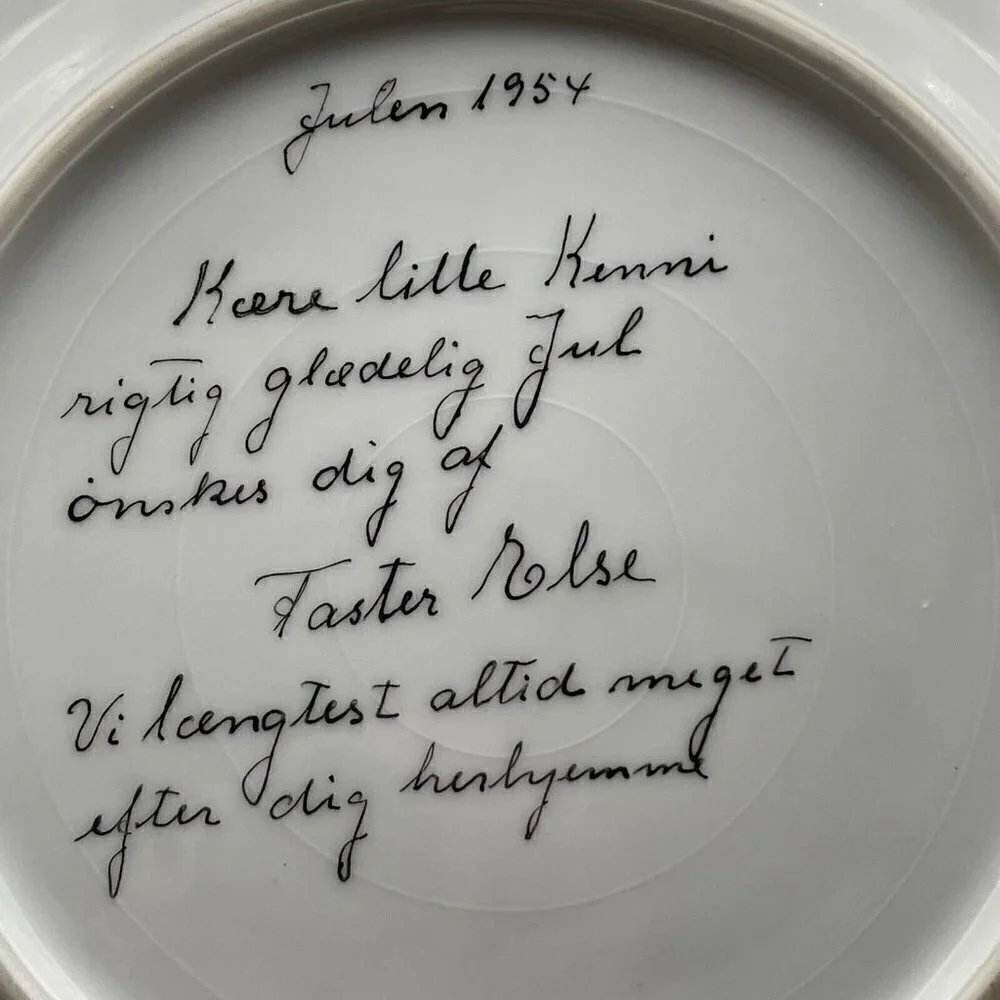 Vintage Signed 1954 Denmark Ceramic Hand Painted Blue Rim Child's Plate Bowl Set